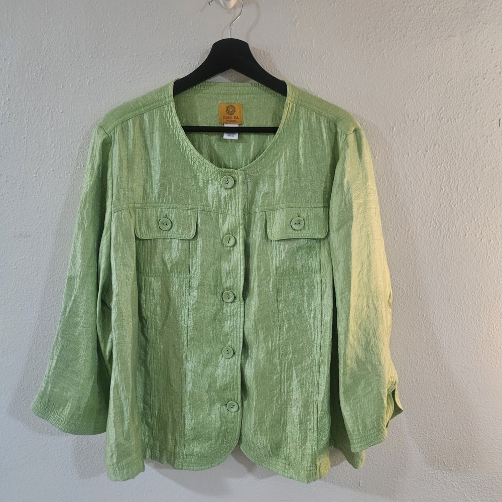 Ruby Rd. Woman Plus 20W Green Shimmer Crinkle Textured Button Front Jacket